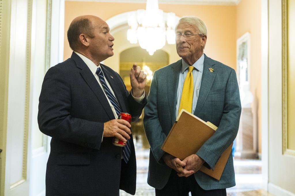Sens. Chris Coons, D-Del., left, and Roger Wicker, R-Miss., talk outside the Senate chamber as Republicans