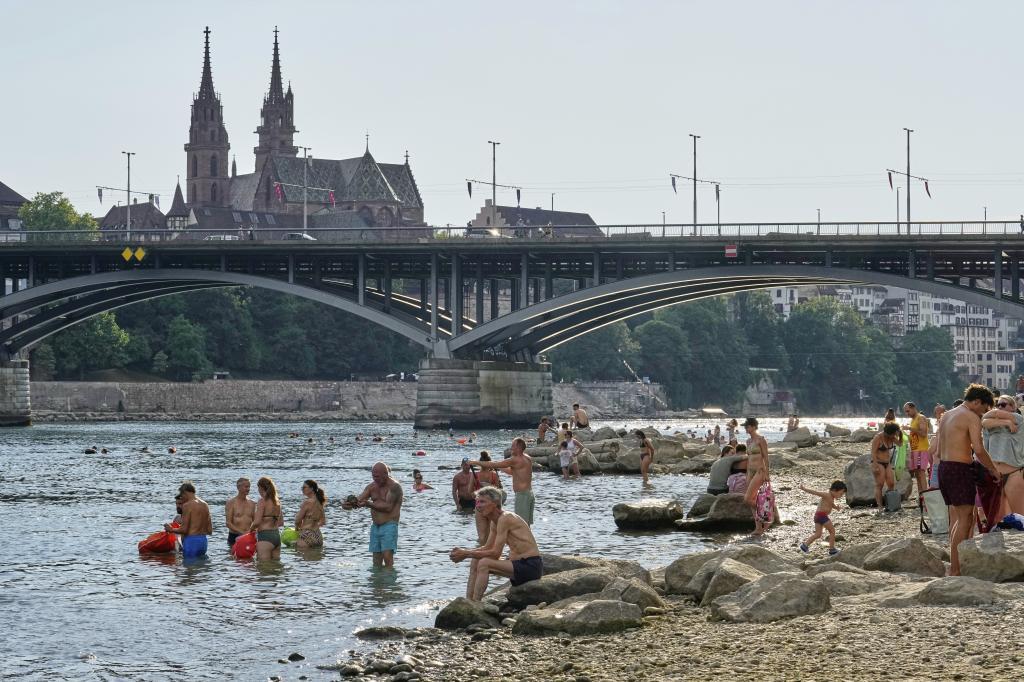 People refresh in the river Rhine during a heat wave in the city center of Basel
