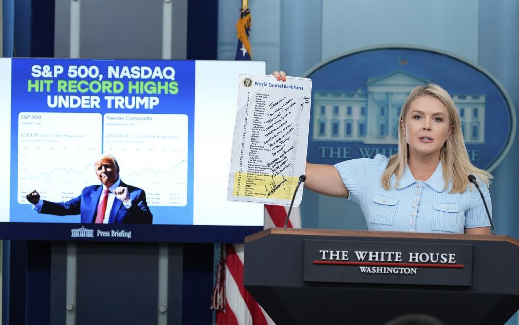 White House press secretary Karoline Leavitt holds up a note from President Donald Trump to Federal Reserve Chairman Jerome Powell