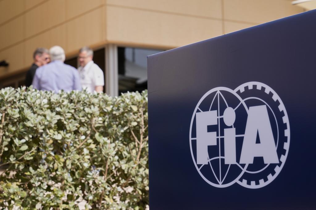 The FIA logo is displayed in the paddock ahead of the Formula One Bahrain Grand Prix
