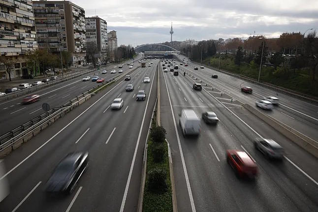 Vehicles circulating in Madrid, Spain.