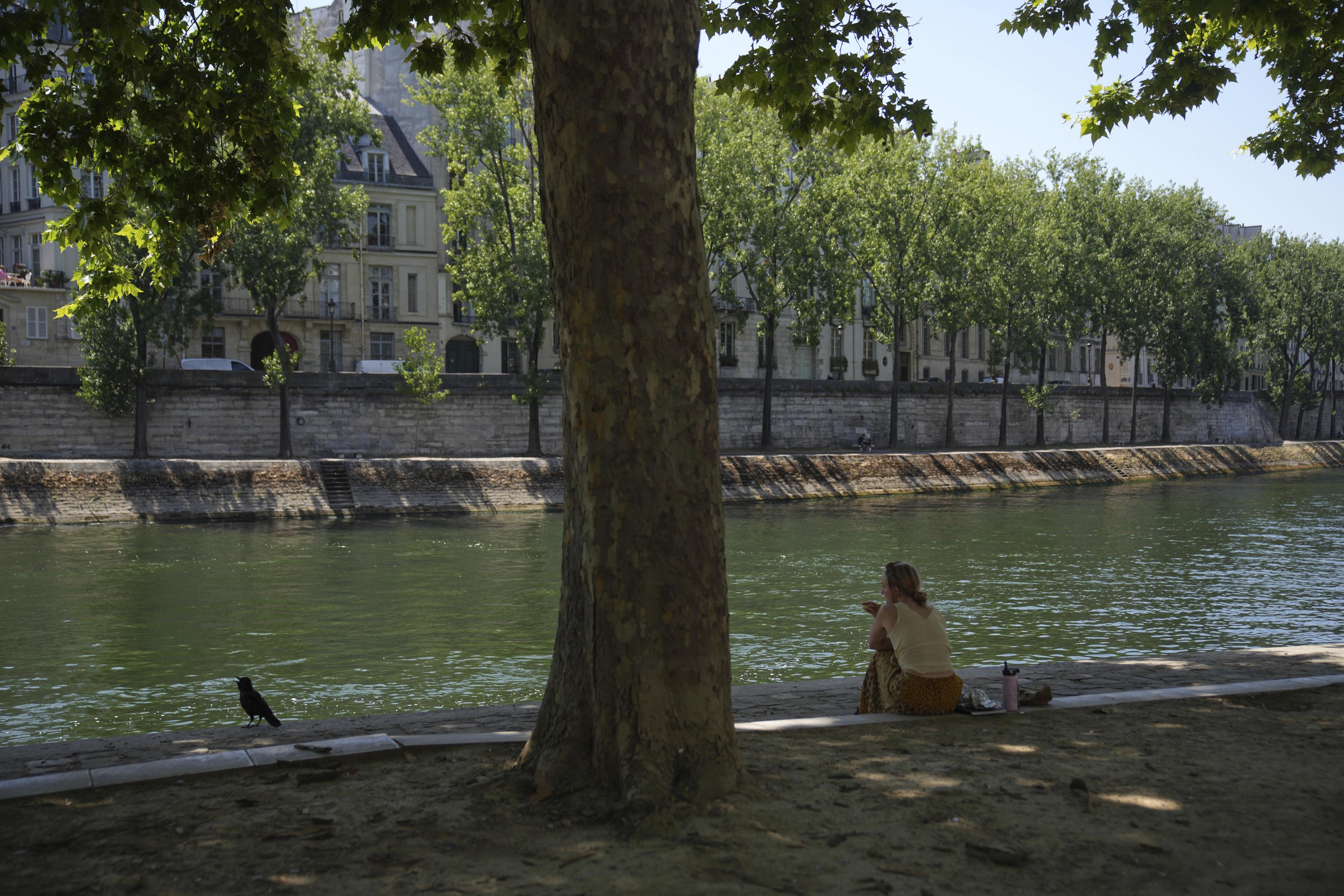 A woman sits on the Seine river banks during a heat wave.