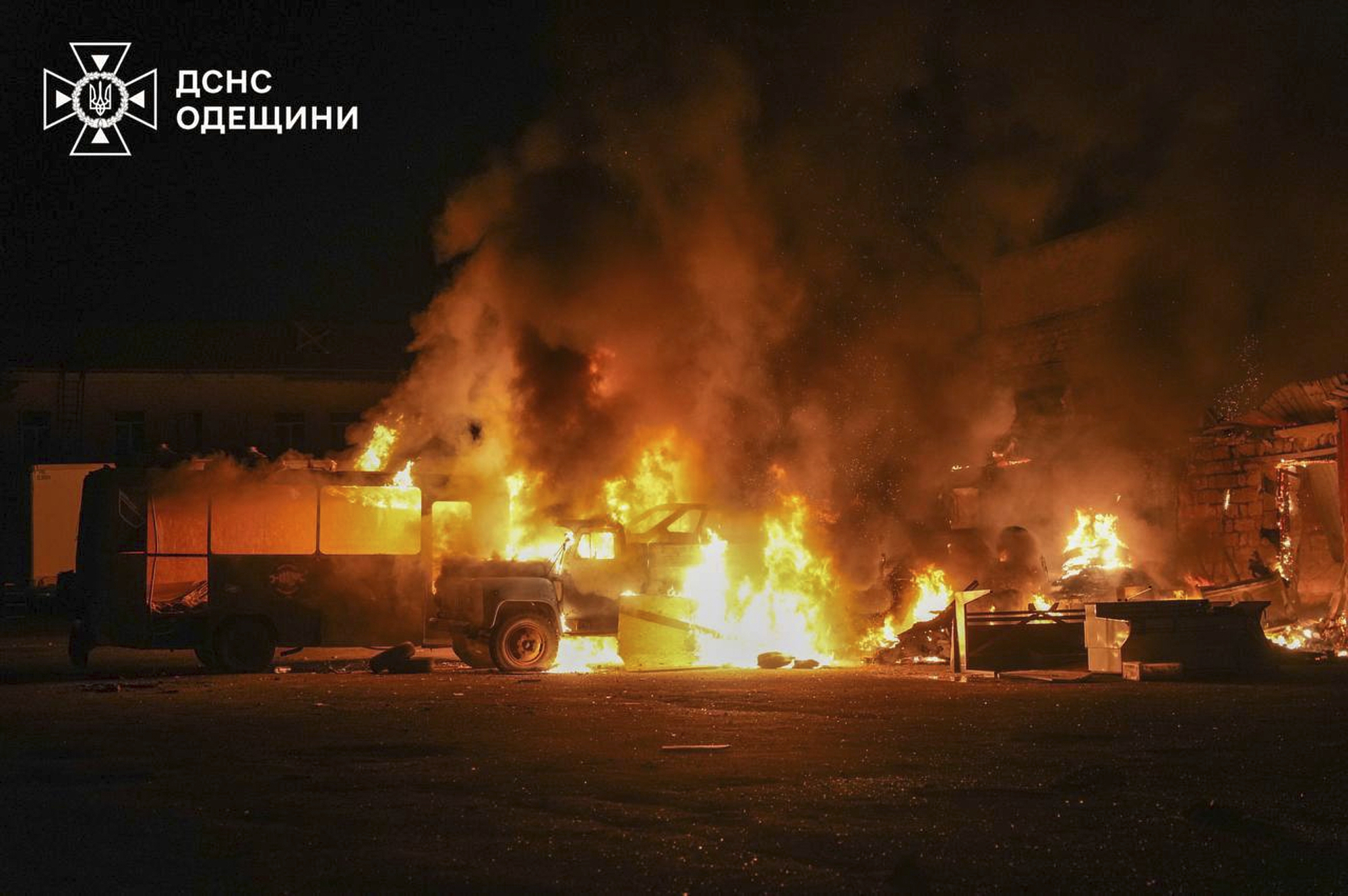 the Ukrainian Emergency Service, firefighters put out a fire following a Russian attack in Odesa, Ukraine.