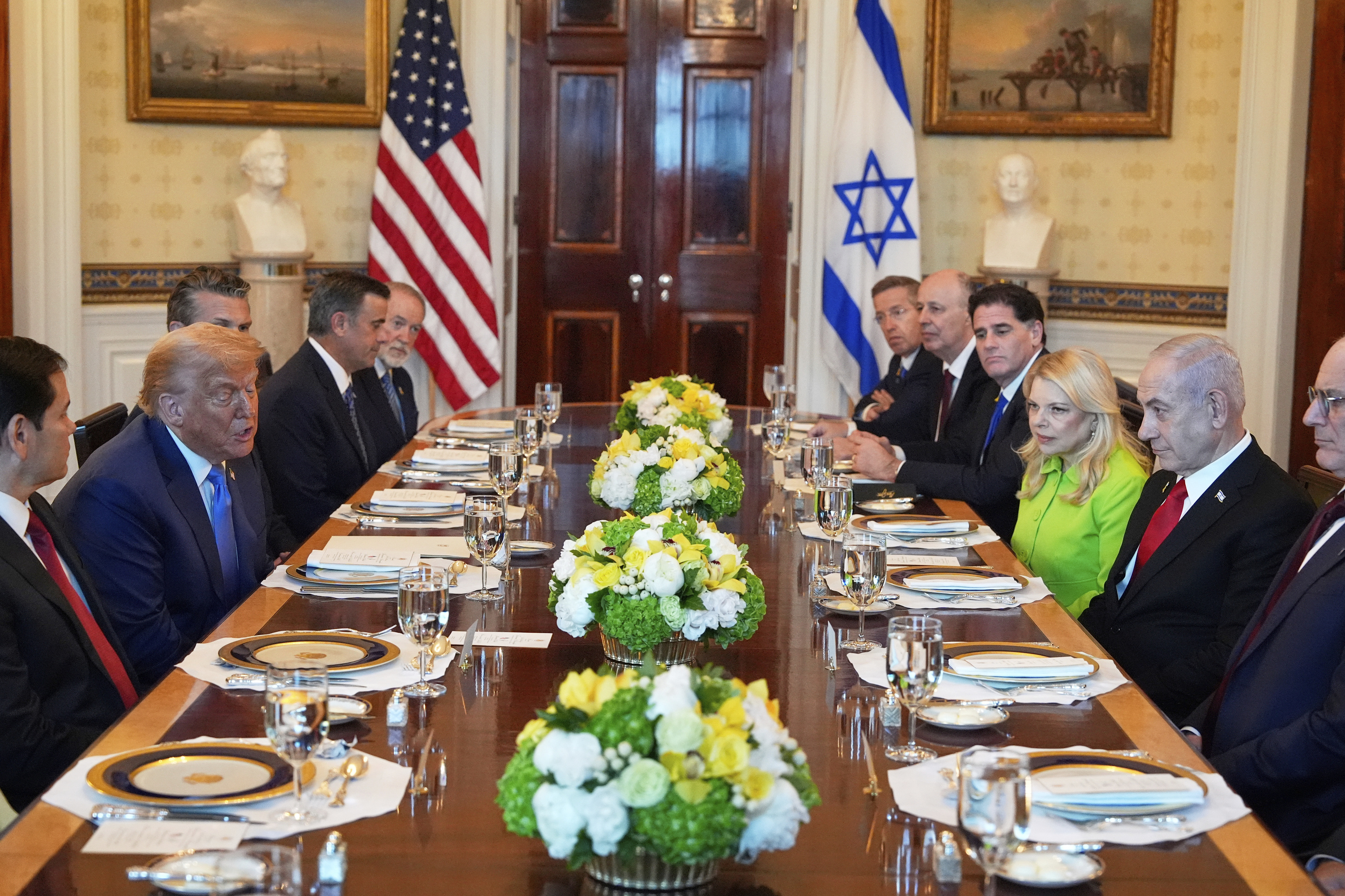 President Donald Trump, second from left, meets with Israel's Prime Minister Benjamin Netanyahu, second from right.