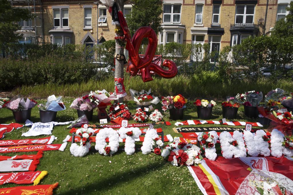Tributes in memory of Liverpool player Diogo Jota at Anfield Stadium