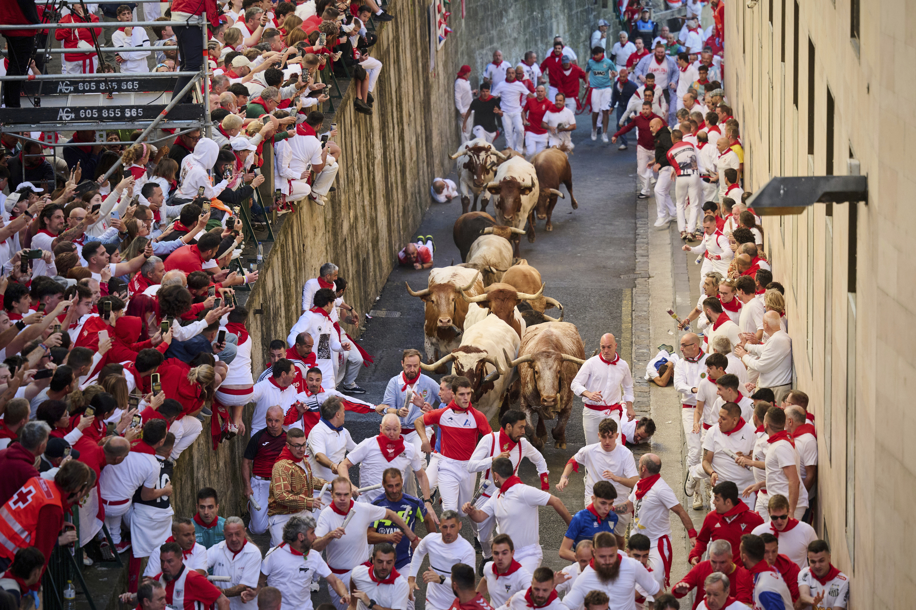 Revelers run with bulls from Alvaro Nunez ranch during the third day of the running of the bulls at the San Fermn fiestas.
