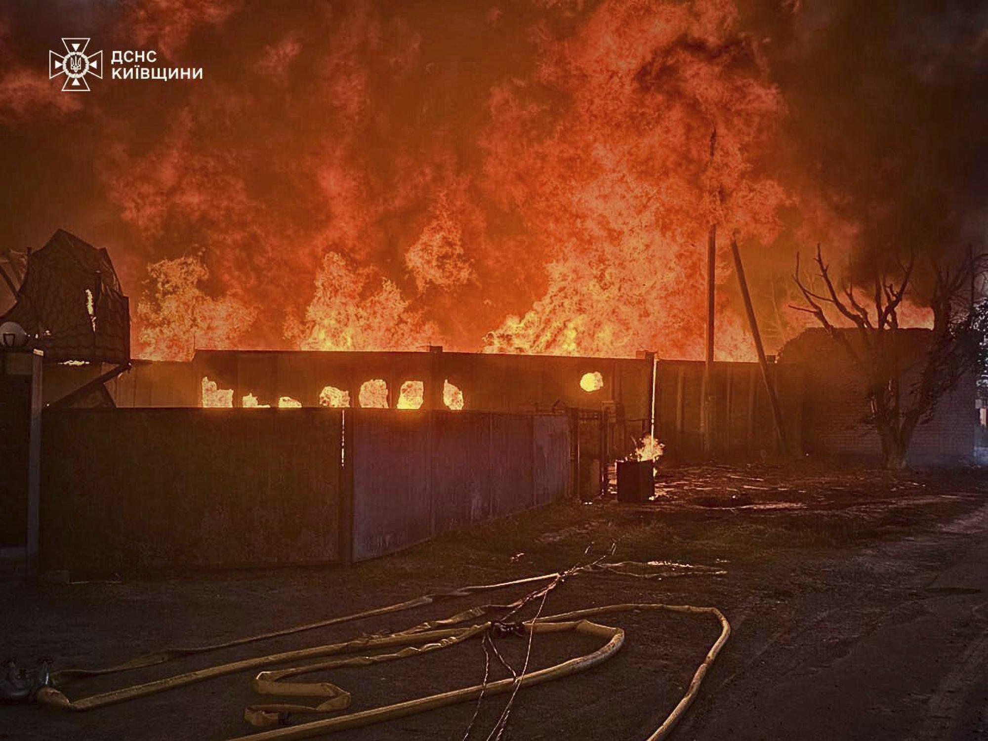 Fire following a Russian attack in Kyiv region.