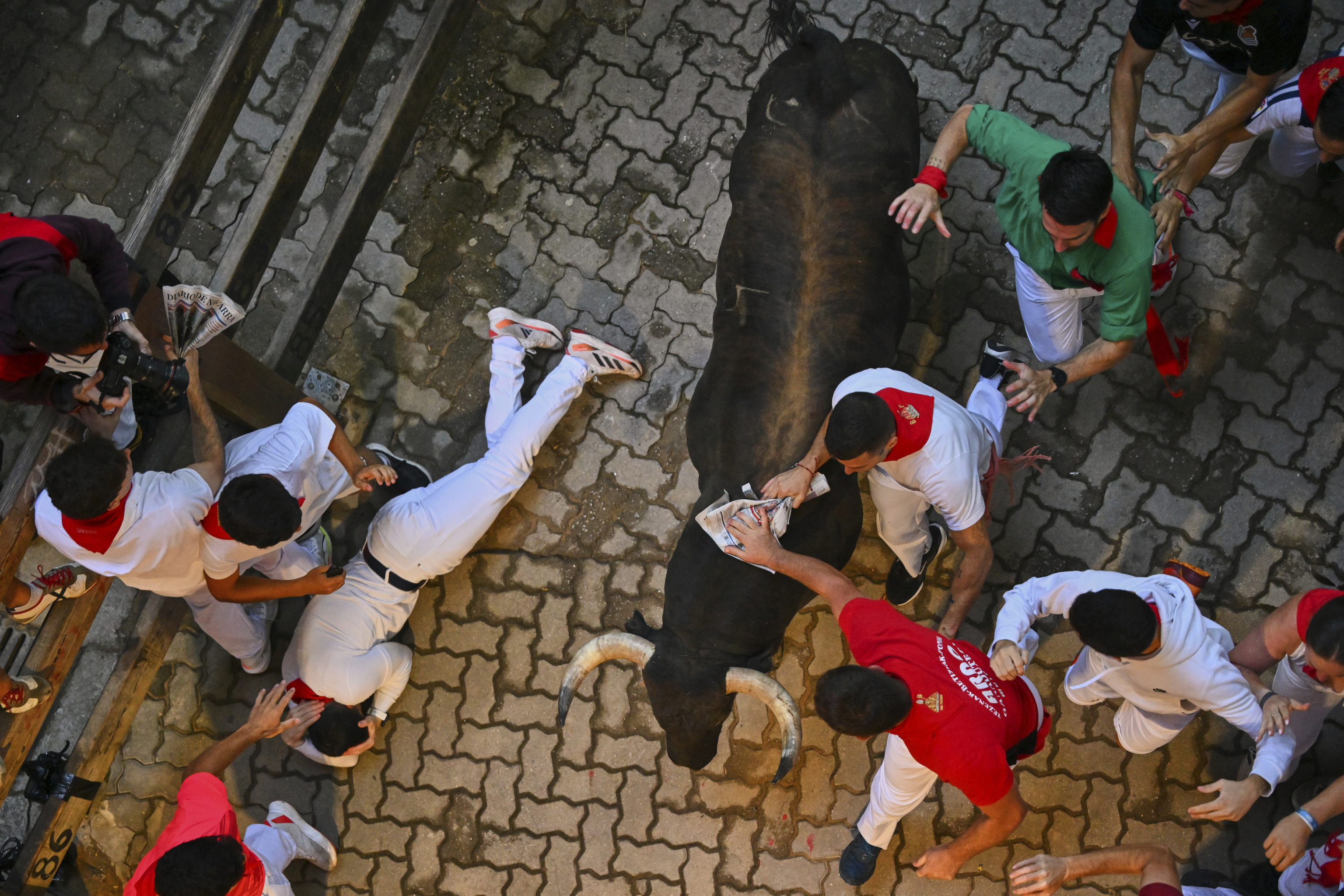 Revelers run alongside Jandilla's fighting bulls during the fifth running of the bulls at the San Fermn Festival in Pamplona.