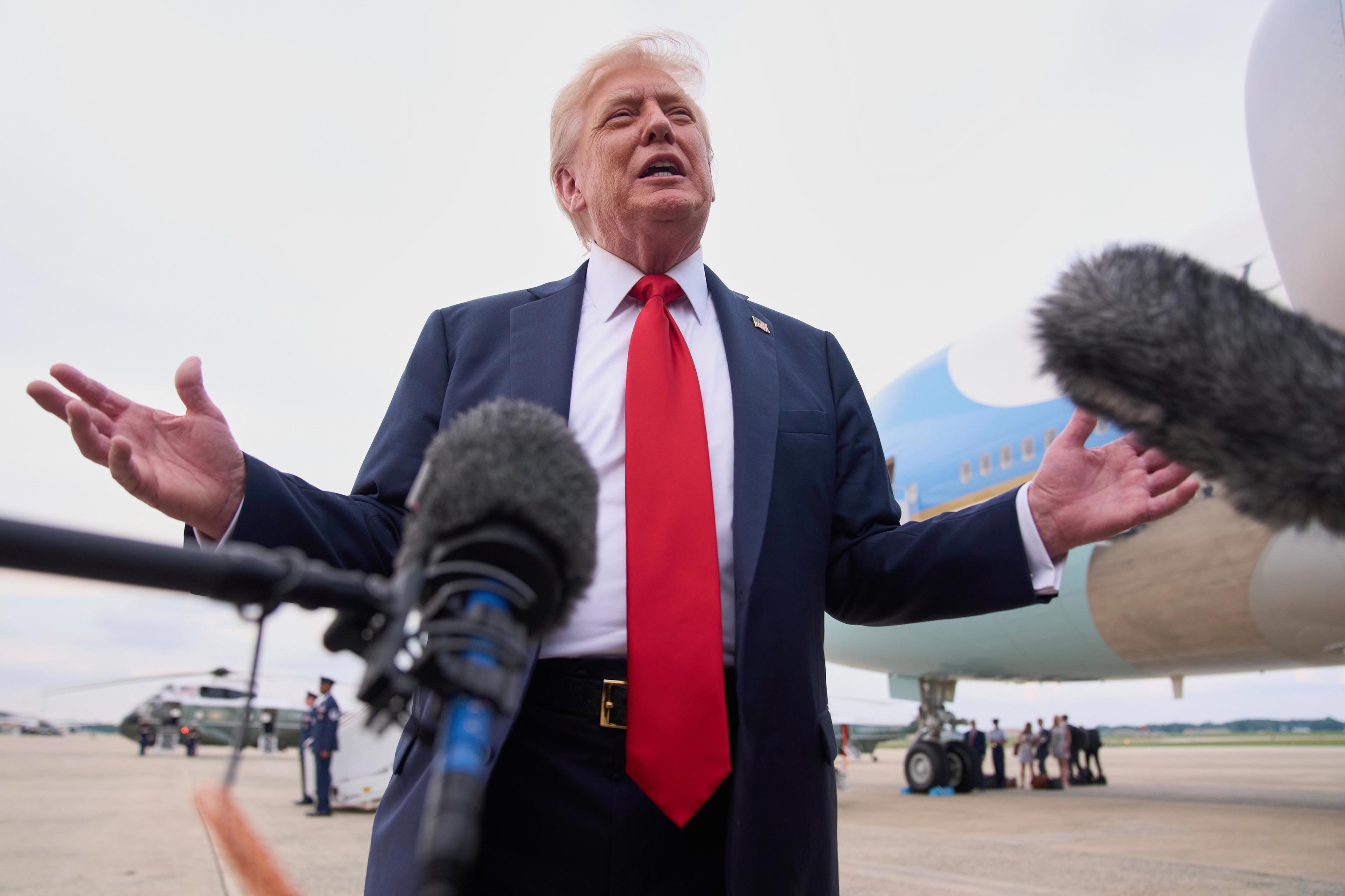 President Donald Trump speaks to the media.