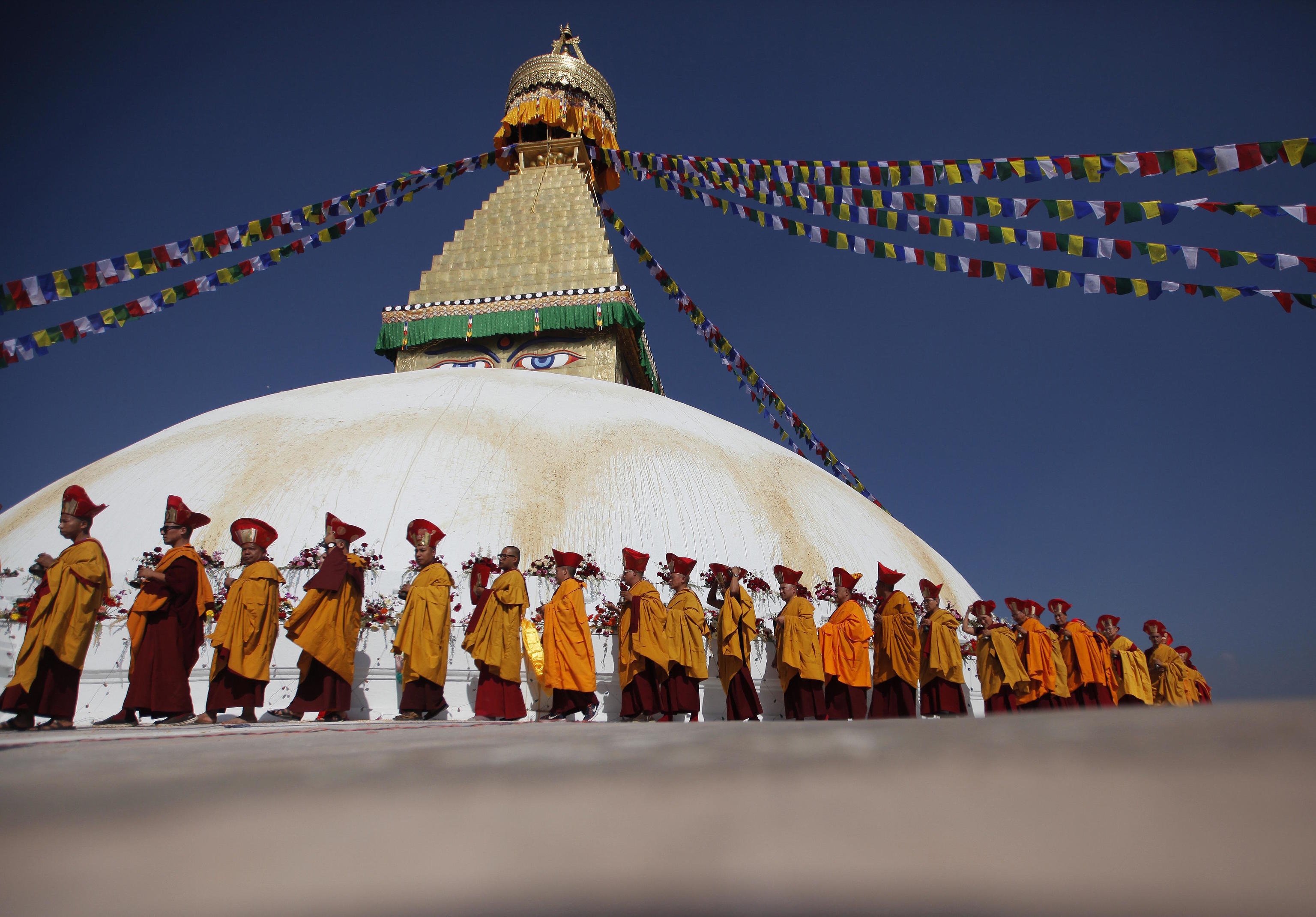Buddhist monks celebrating in Kathmandu, Nepal.