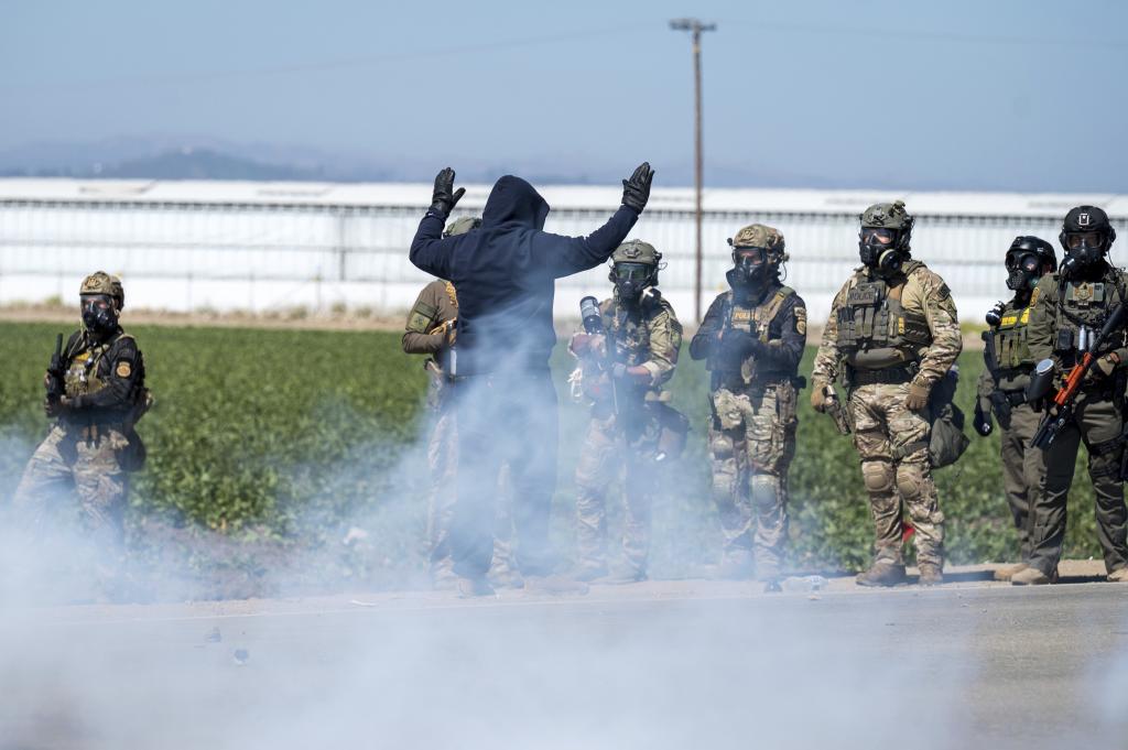 Federal immigration agents toss tear gas at protesters.