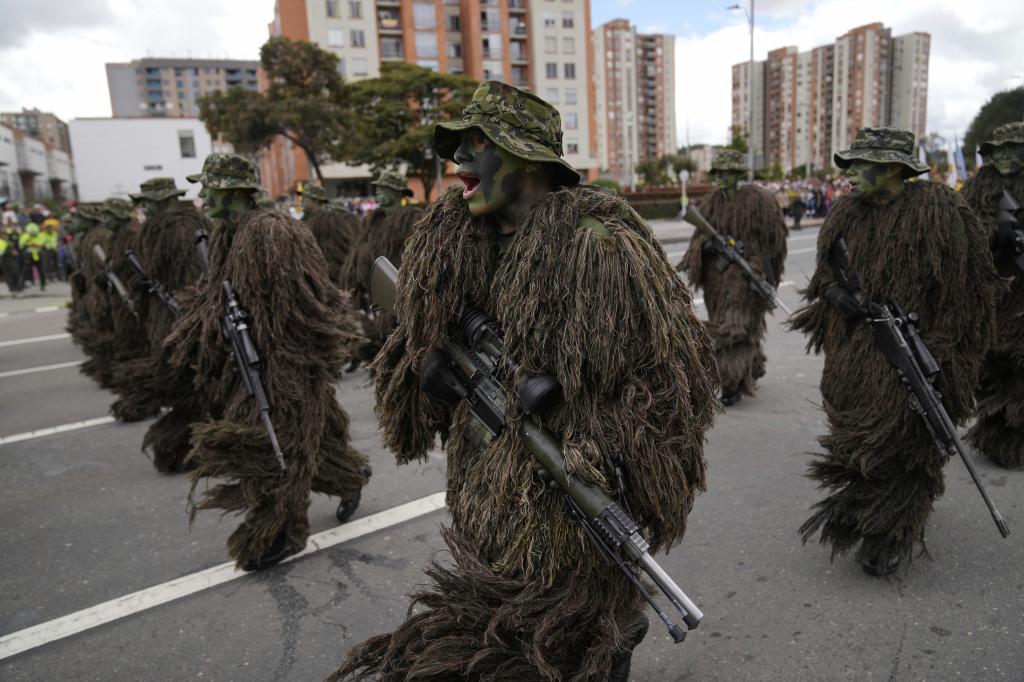 Soldiers march, in Bogota, Colombia.