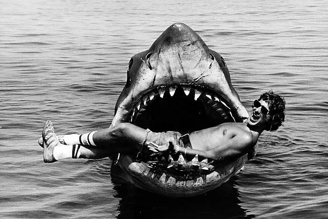 Steven Spielberg inside one of the three sharks built for the movie.