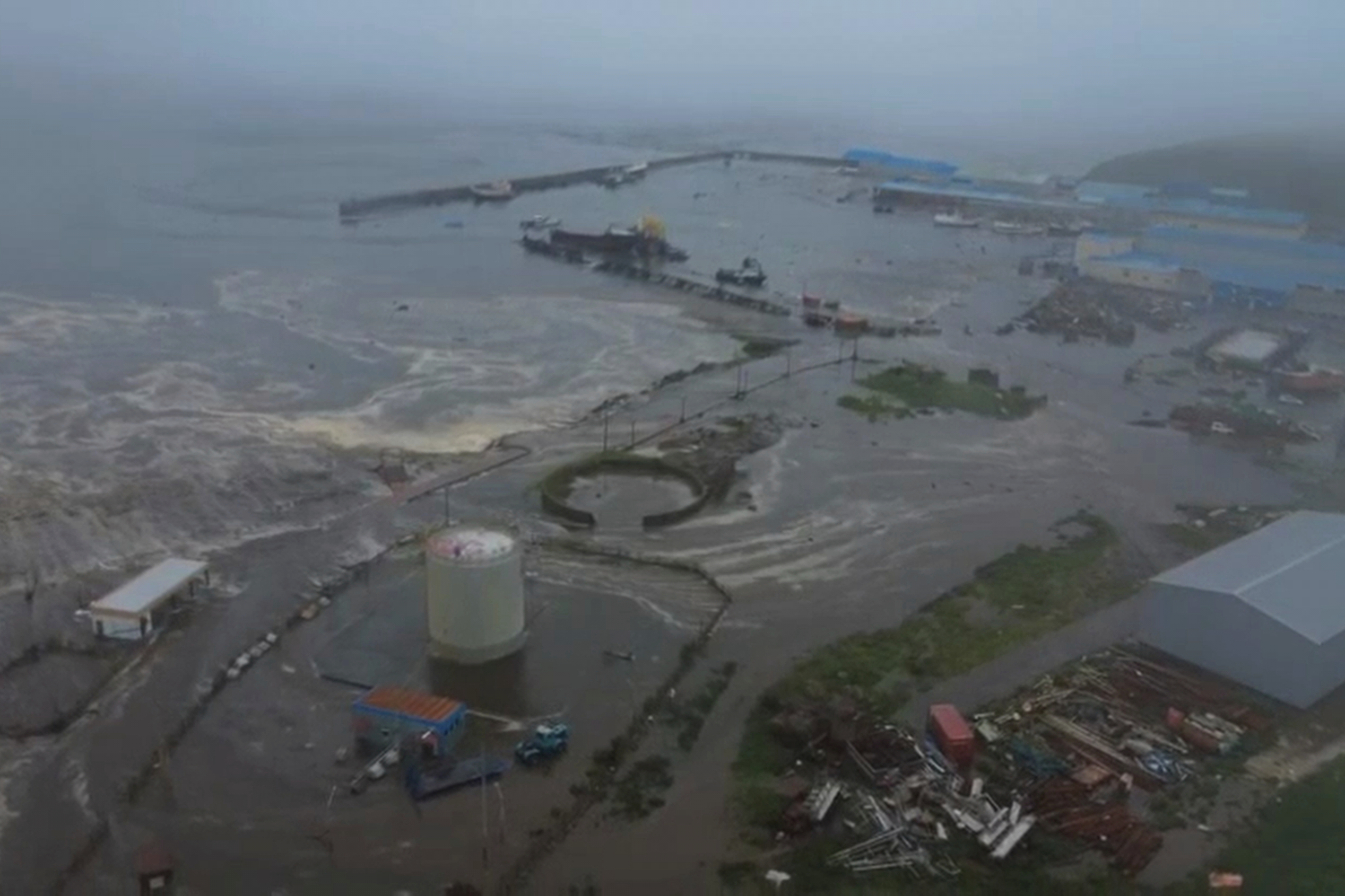 tsunami hitting the coastal area of Severo-Kurilsk at Paramushir island of Kuril Islands, Russia.