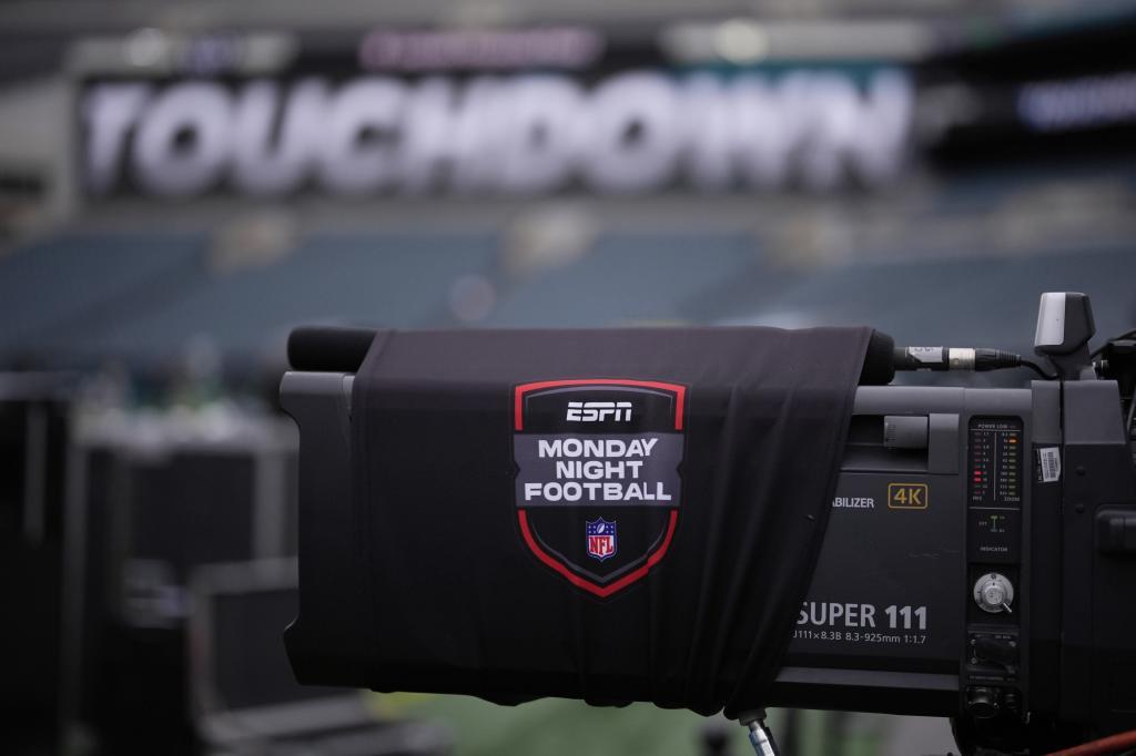 A television camera before an NFL football game