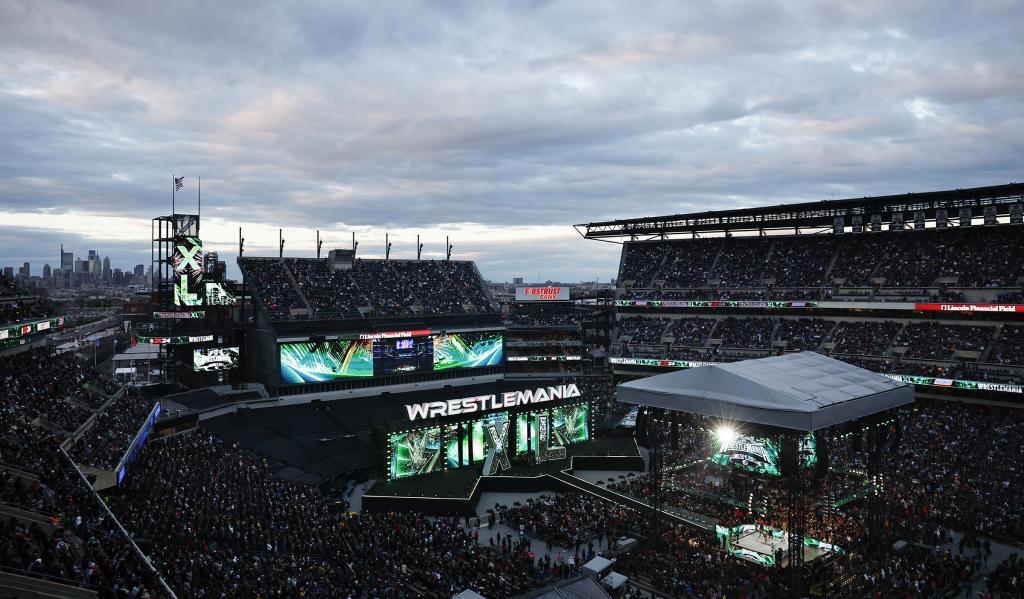 The WrestleMania XL stage at Lincoln Financial Field in Philadelphia