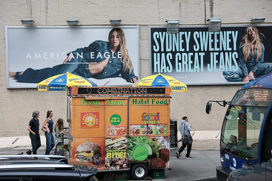 Posters from the controversial American Eagle campaign on a New York street.