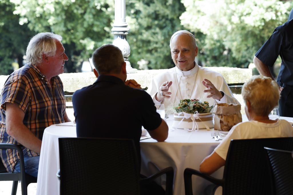Pope Leo XIV attends a festive lunch with the poor of the Diocese of Albano Laziale at Borgo Laudato Si