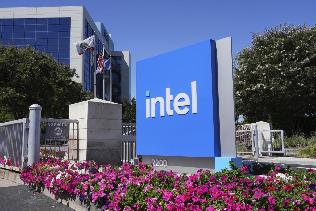 An Intel sign is shown at the chipmaker's global headquarters in Santa Clara