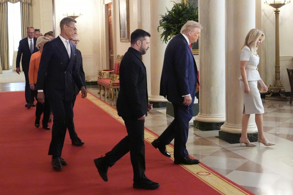 Monica Crowley, White House chief of protocol, from right, President Donald Trump, Ukrainian President Volodymyr Zelenskyy and Finland's President Alexander Stubb