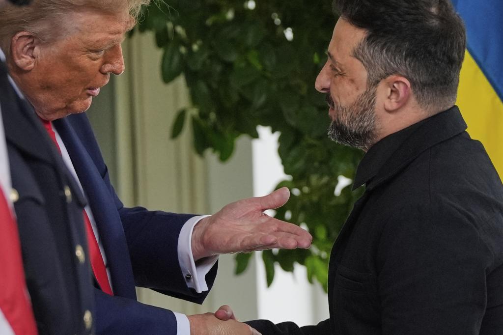 President Donald Trump greets Ukraine's President Volodymyr Zelenskyy at the White House
