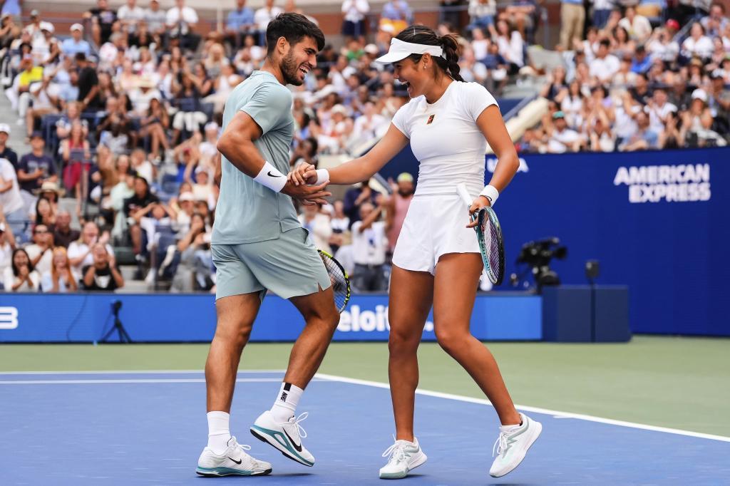 Carlos Alcaraz, right, of Spain, and Emma Raducanu, left, of Great Britain,
