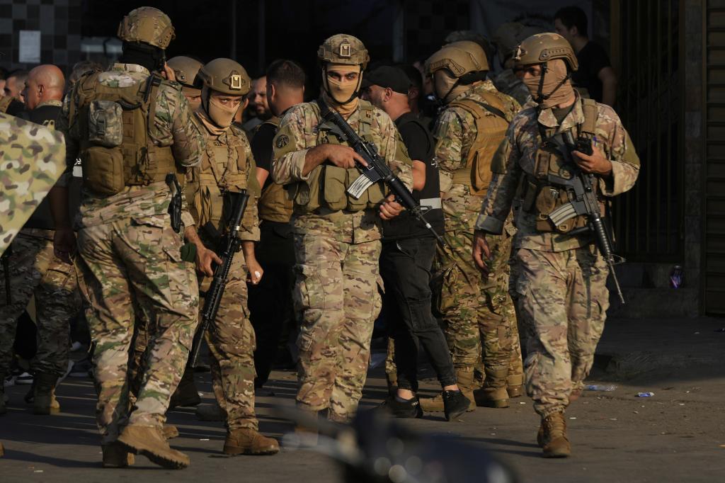 Lebanese soldiers deploy at the entrance of Burj al-Barajneh Palestinian refugee camp