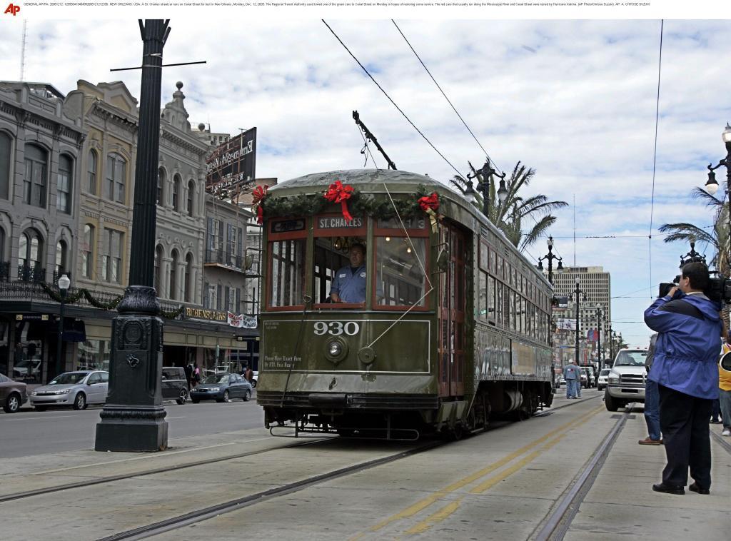 A St. Charles streetcar runs on Canal Street for test in New Orleans