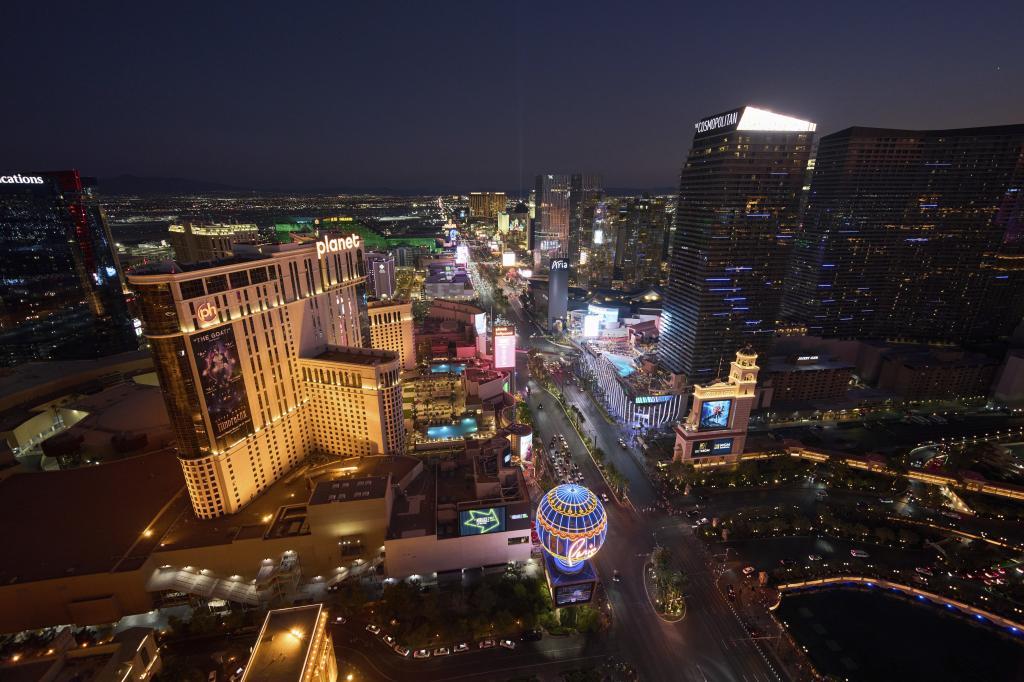 Cars drive along the Las Vegas Strip.