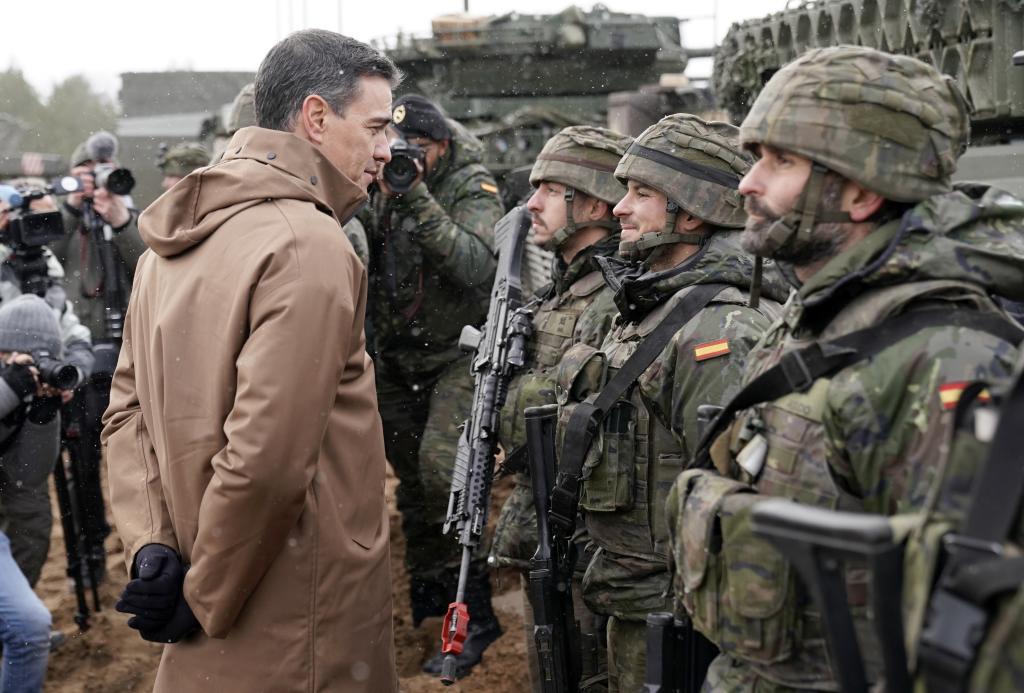 Prime Minister of Spain Pedro Sanchez speaks to Spanish troops