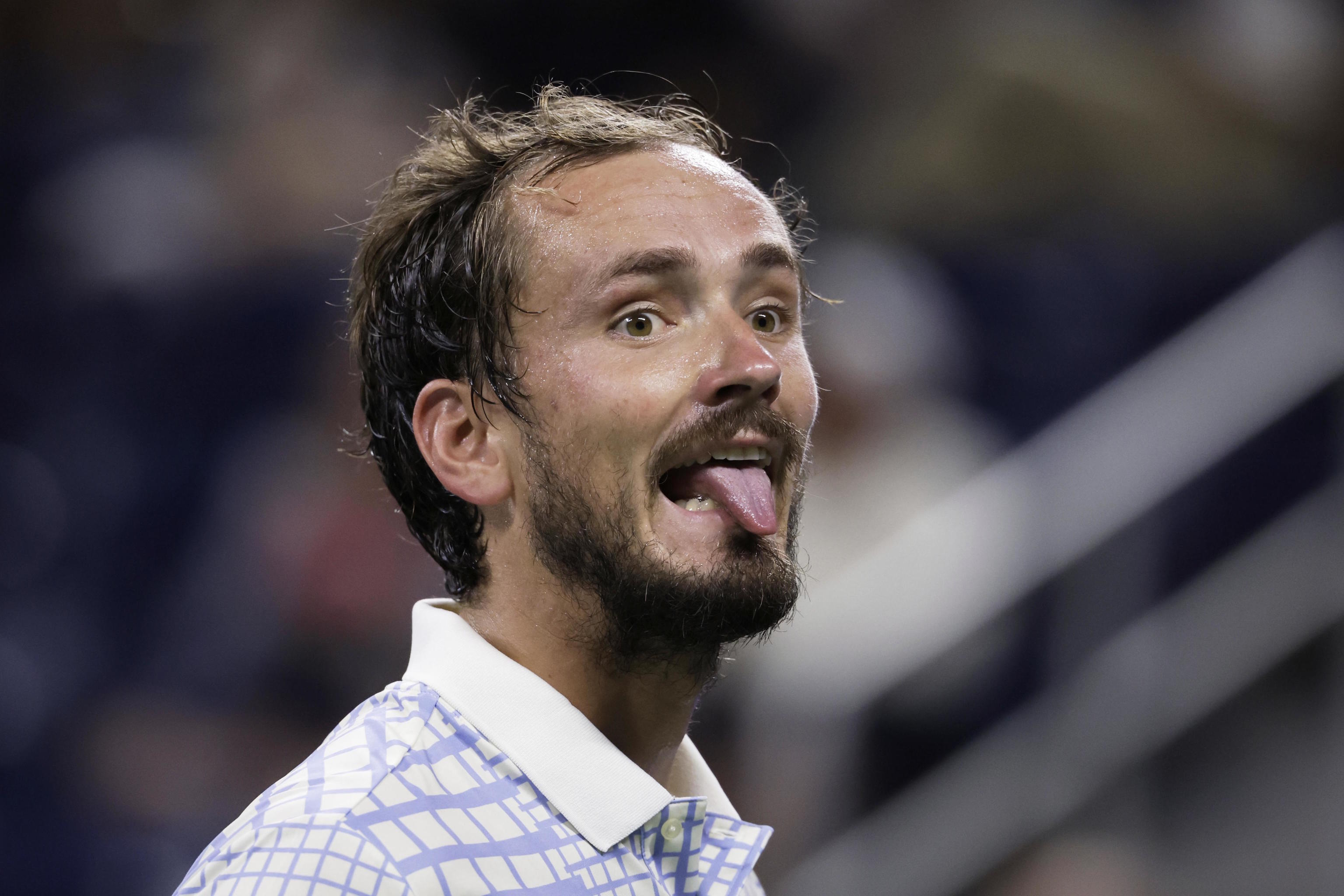Daniil Medvedev, of Russia, reacts during a match against Bonzi.