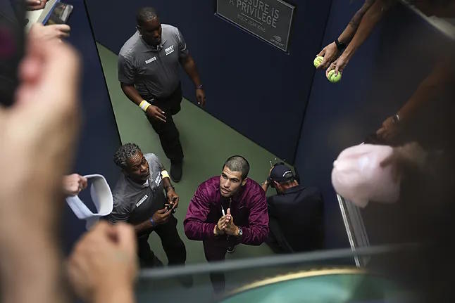 Alcaraz, leaving the court, in the US Open quarterfinals.