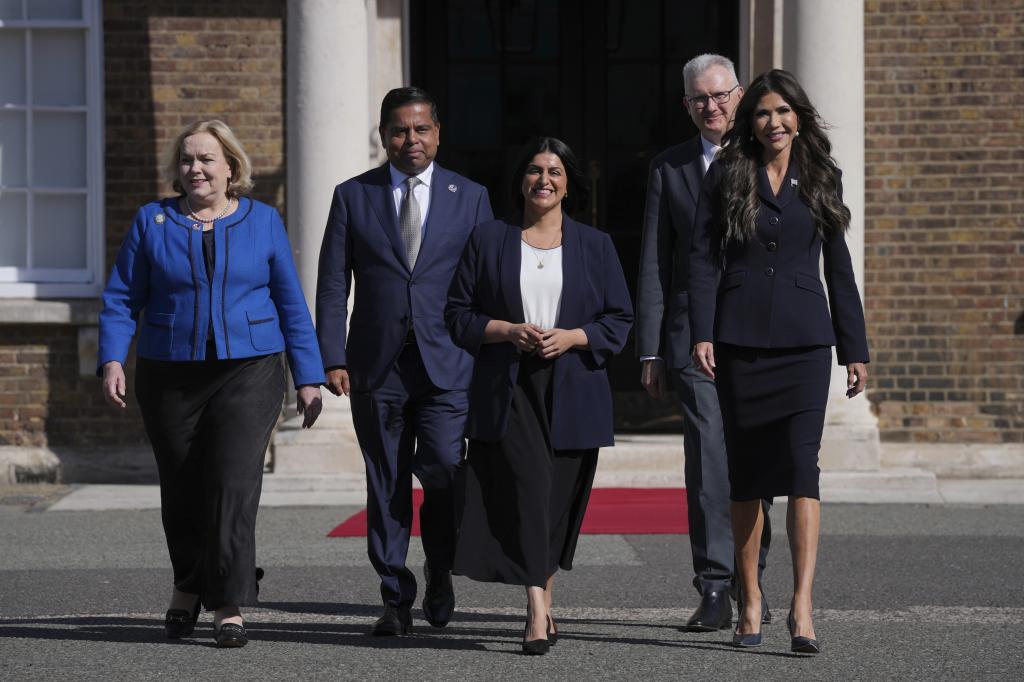 From left, New Zealand's Minister Judith Collins, Canada Minister of Public Safety Gary Anandasangaree, Britain's Home Secretary Shabana Mahmood, Australia Minister for Home Affairs Tony Burke and United States Homeland Security Secretary Kristi Noem