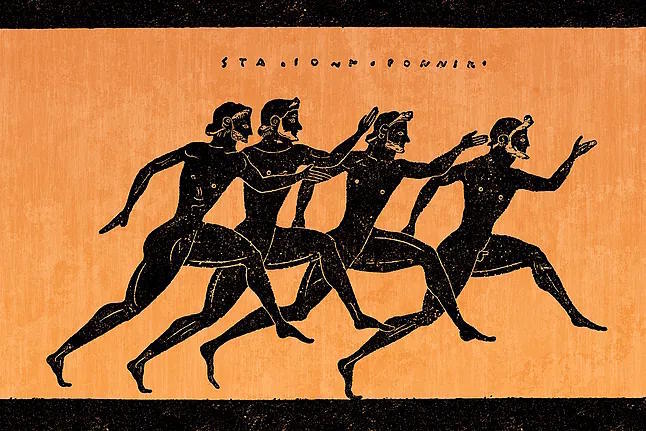 Engraving of a vase showing four men competing in ancient Greece.