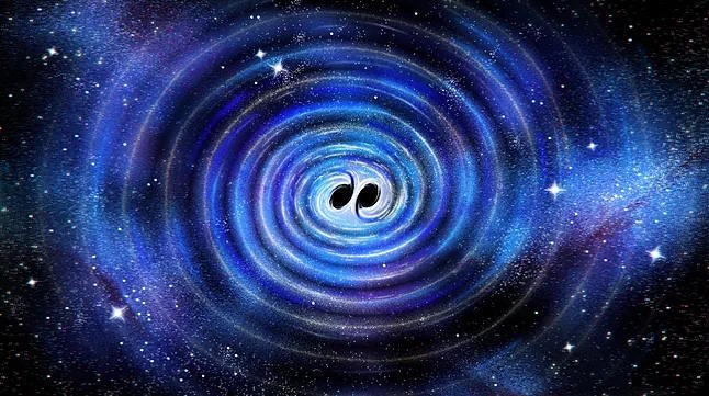 Artistic recreation of two black holes merging and generating gravitational waves.