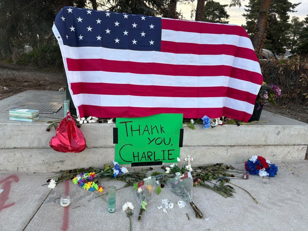 A makeshift memorial for Charlie Kirk.