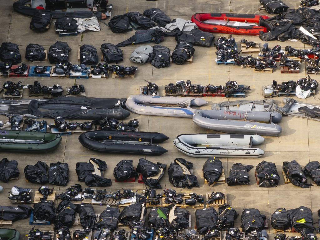 An aerial view of inflatable craft, used by migrants to cross the channel.