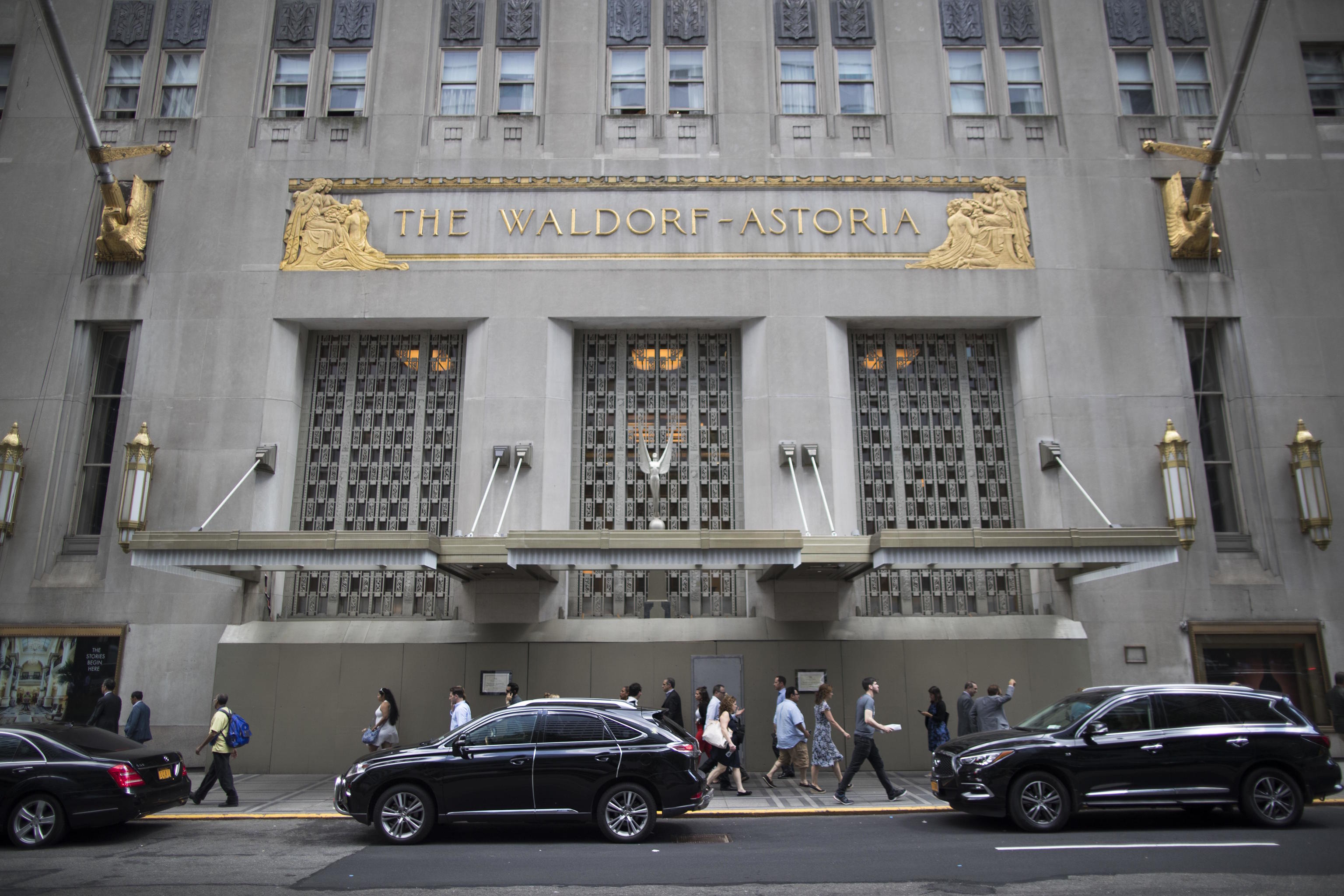 Facade of the historic Waldorf Astoria hotel.
