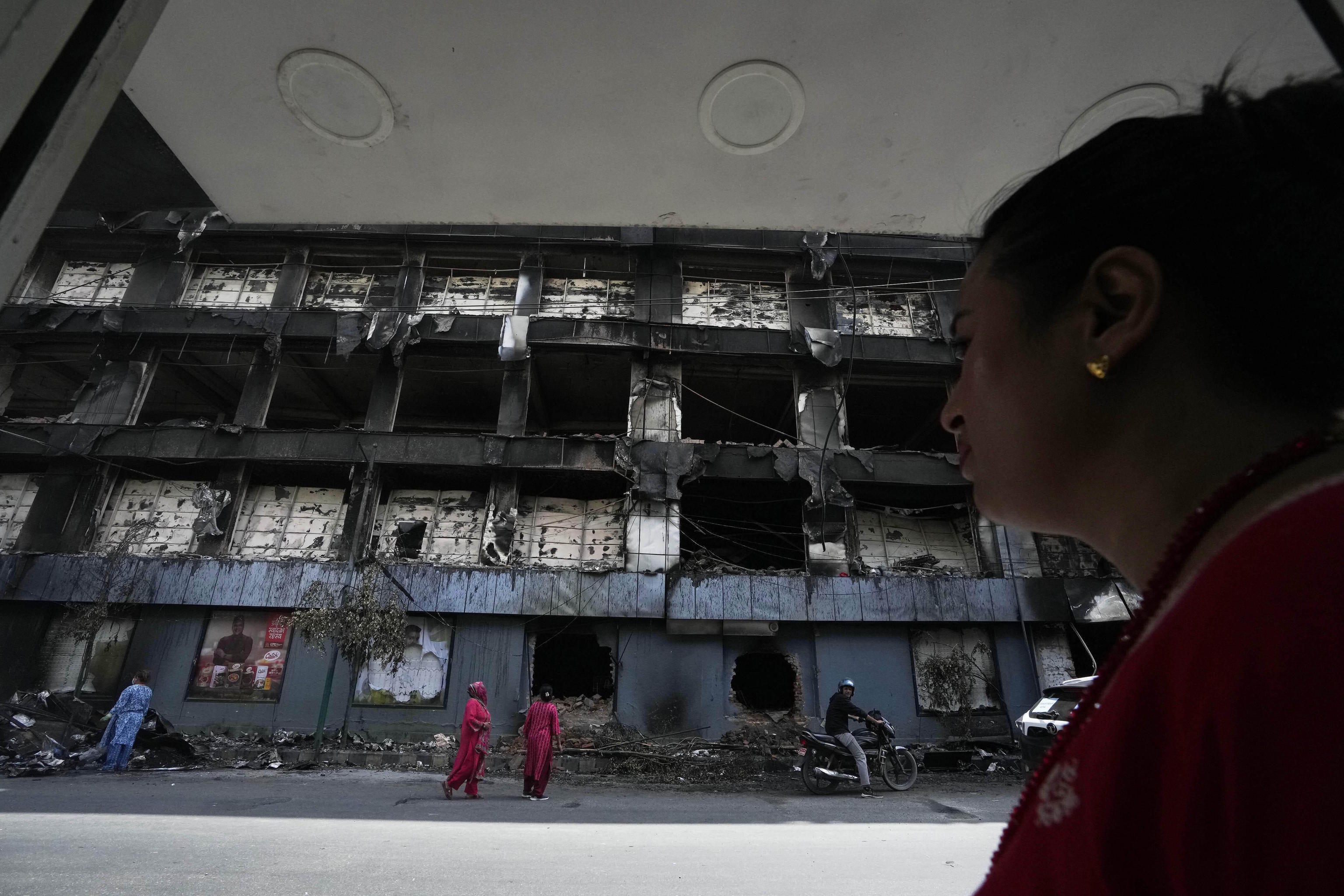 Building vandalized during anti-corruption protests in Kathmandu.