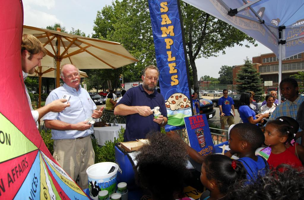 Ben Cohen, second from left, and Jerry Greenfield, center, founders of Ben & Jerry Homemade Inc.