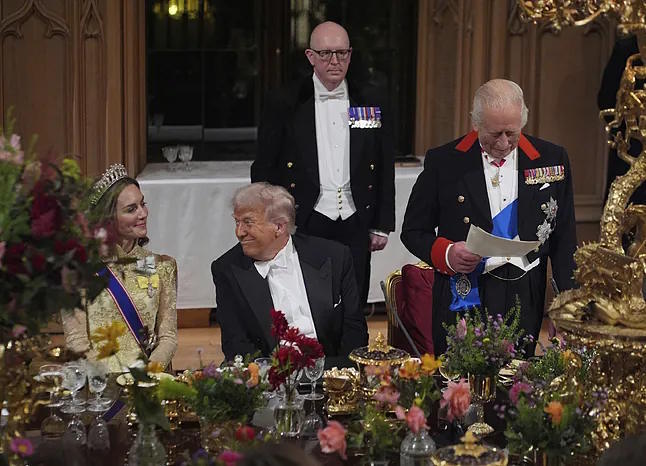 Trump smiles at the Princess of Wales while King Charles III delivers his speech.