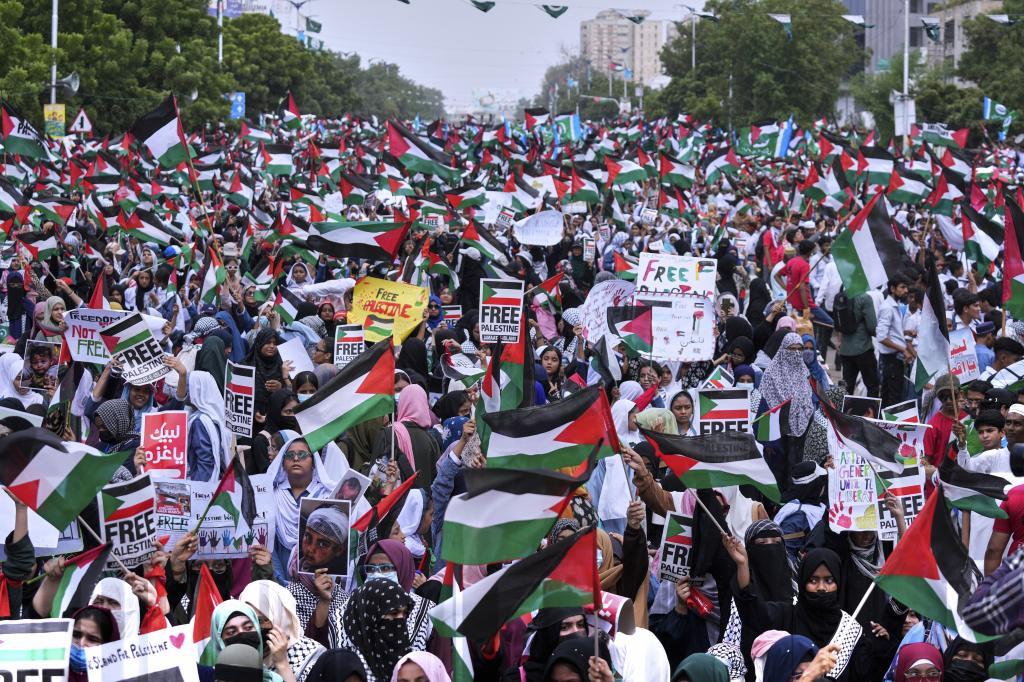 Supporters of the Pakistani religious group Jamaat-e-Islami participate in a demonstration in Karachi, Pakistan.
