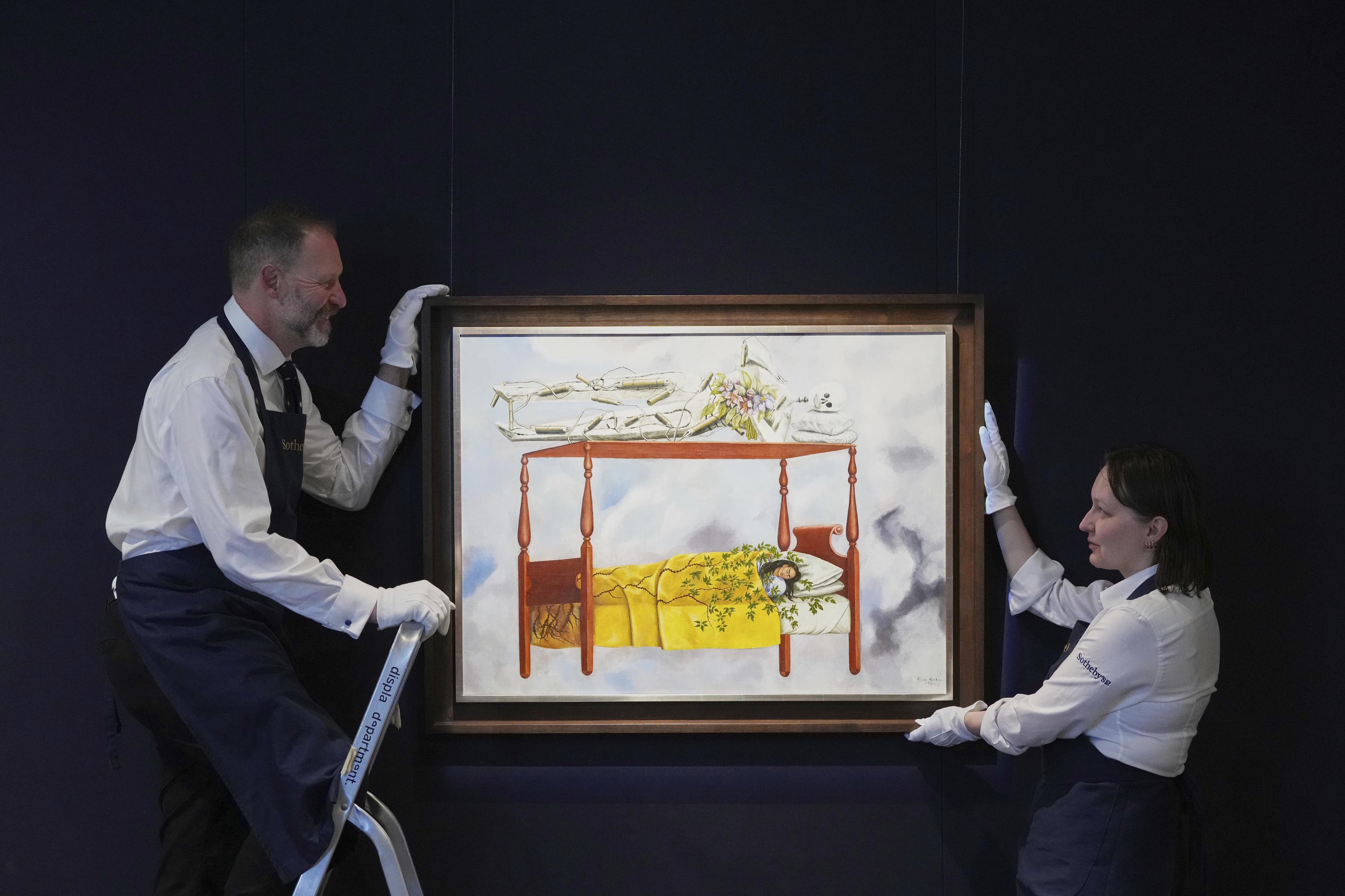 A painting by Frida Kahlo called El sueo (La cama) is displayed at Sotheby's.