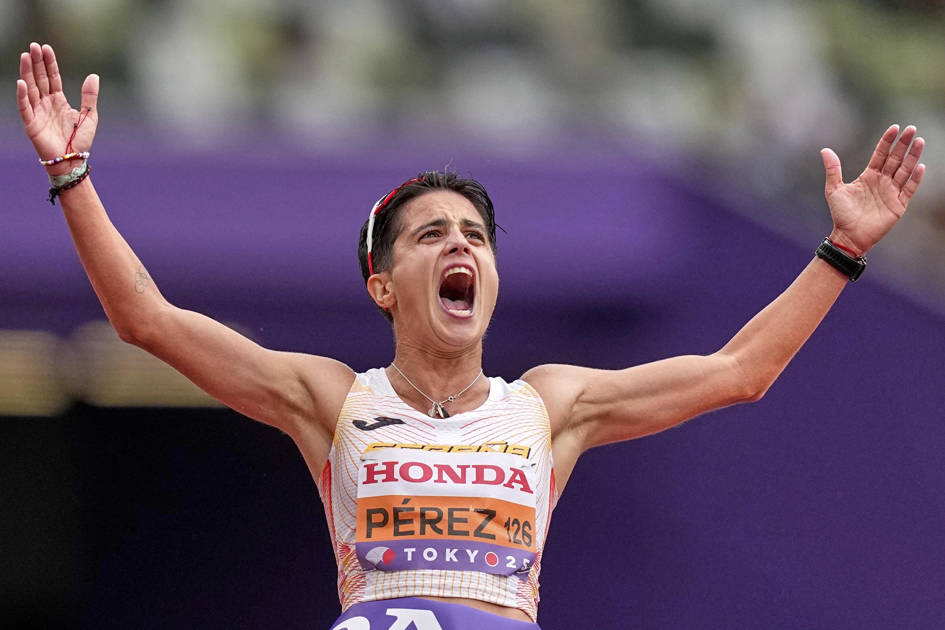 Spain's Maria Perez celebrates after winning the gold medal.