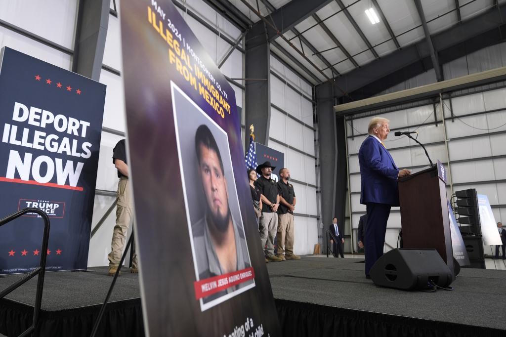 Trump speaks during a news conference at Austin-Bergstrom International Airport.