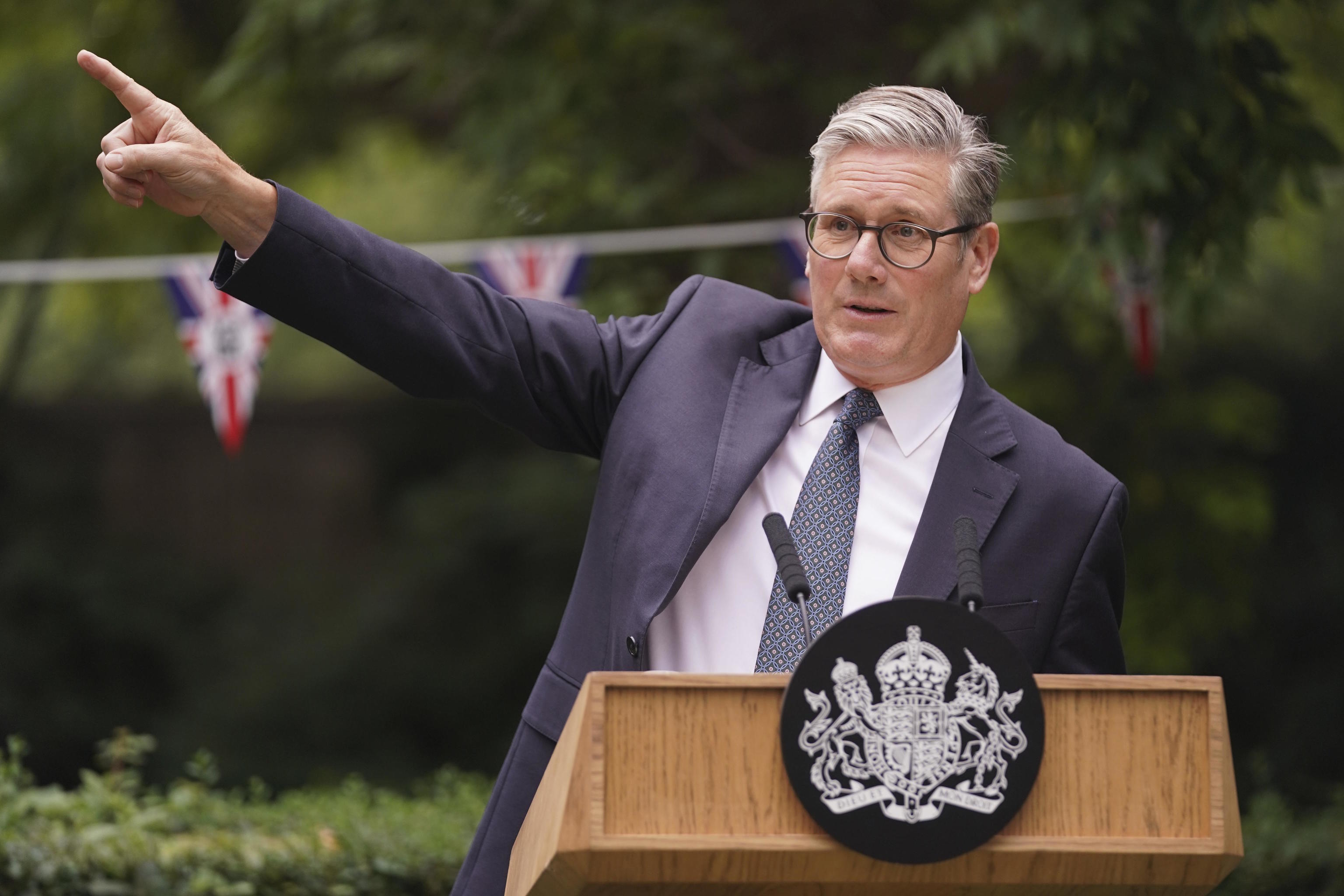 British Prime Minister Starmer during a press conference at Downing Street.