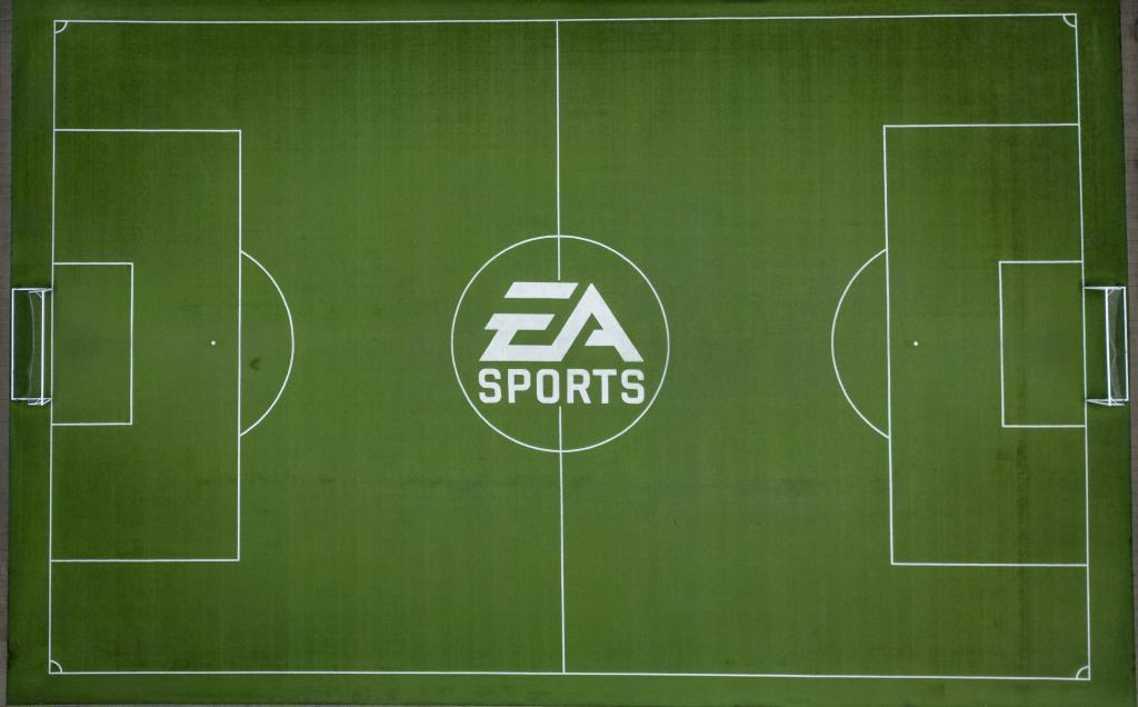 The EA Sports logo is seen on a soccer pitch at the Electronic Arts office