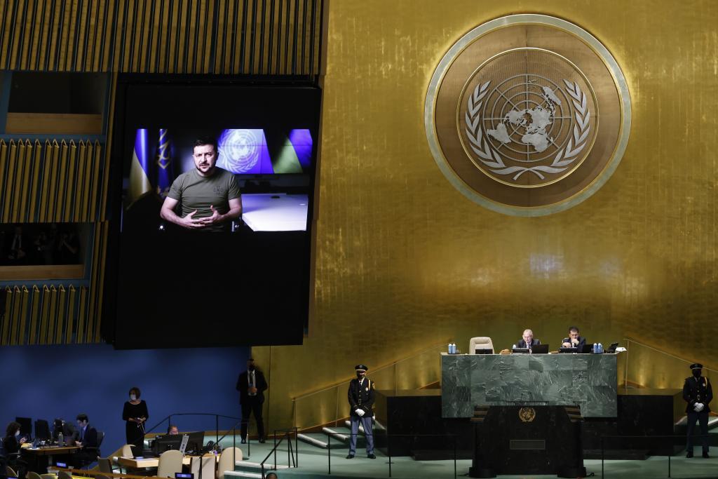 Ukrainian President Volodymyr Zelenskyy addresses the 77th session of the United Nations General Assembly