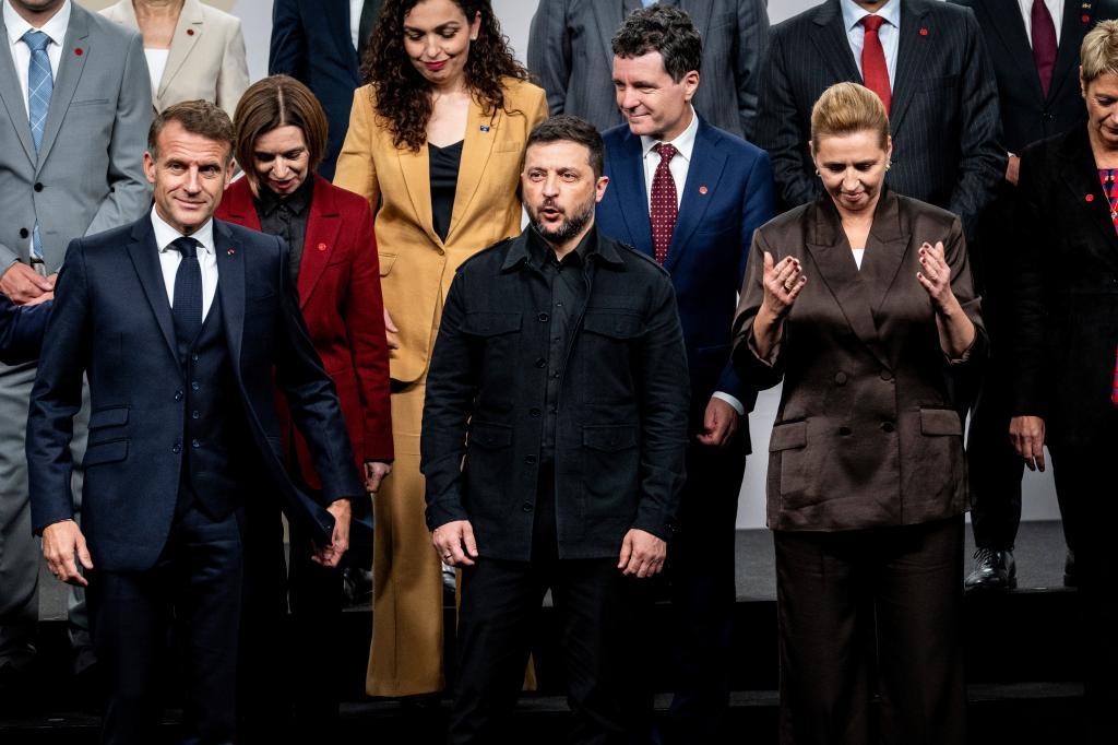 France's President Emmanuel Macron, Ukraine's President Volodymyr Zelenskyy and Danish Prime Minister Mette Frederiksen