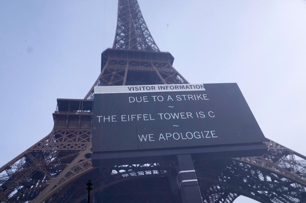 A board at the closed Eiffel Tower during a new round of strikes and protests